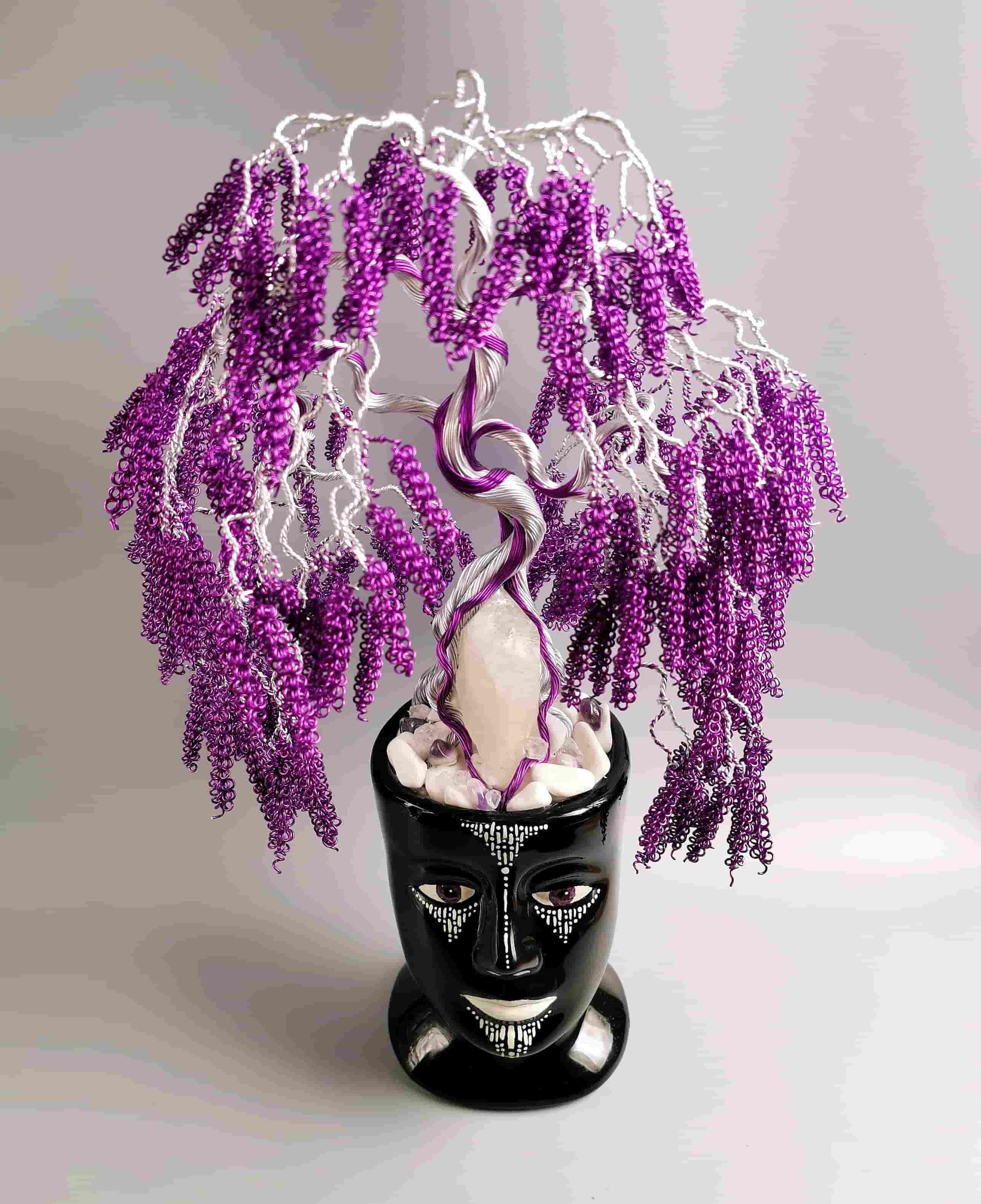 fioletowe purpurowe bonsai wierzba z drutu, Trzecie oko, dekoracje do medytacji