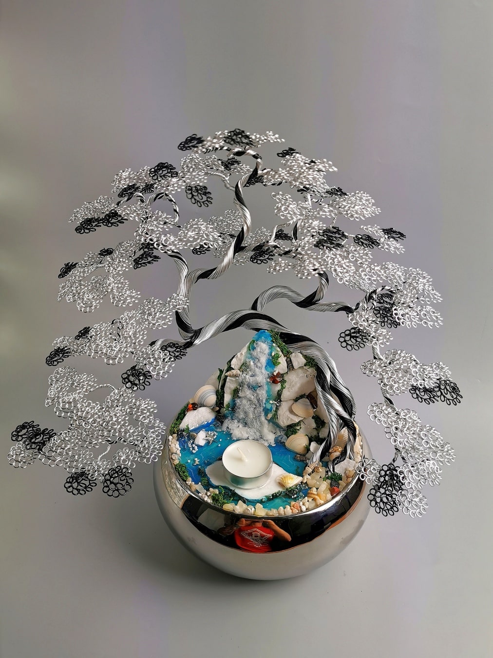 srebro, drzewko bonsai, świecznik, wodospad, lustrzana doniczka