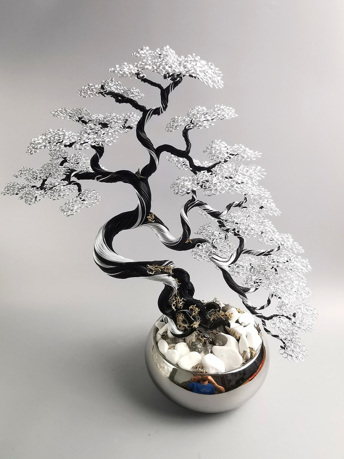 Bonsai z drutu, srebrno czarne, lustrzana doniczka