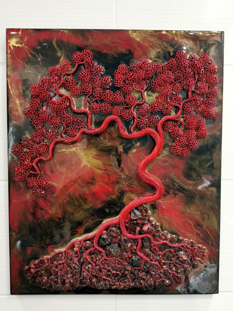 red, czerwone drzewo, szkło, złoto